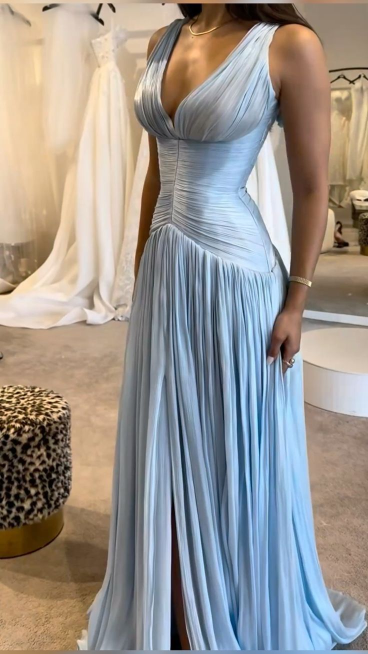 Light blue low-cut sexy waist-hugging pleated design dress, prom dress R5378