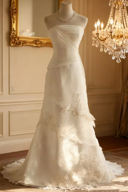 White strapless fitted long ball gown R6728