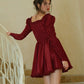 Burgundy Square Neck Mini Dress with Ruffle Trim, Ruched Puff Sleeves & Smocked Back R9183