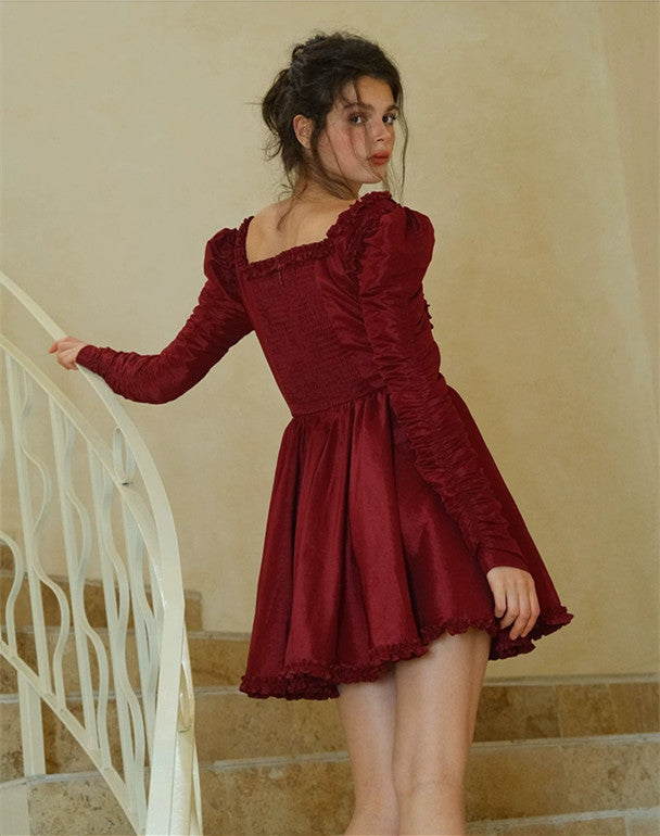 Burgundy Square Neck Mini Dress with Ruffle Trim, Ruched Puff Sleeves & Smocked Back R9183