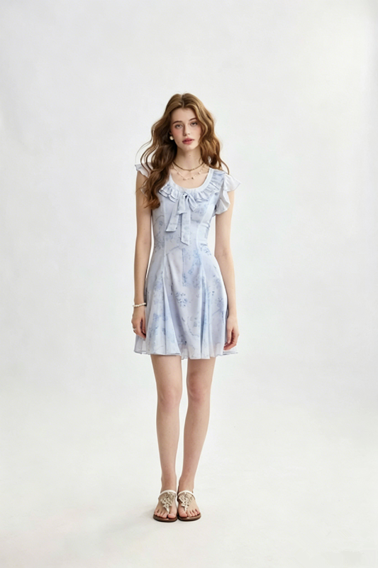 Light Blue Floral Print Mini Dress Women With Ruffle Trim And Bow Detail R9468