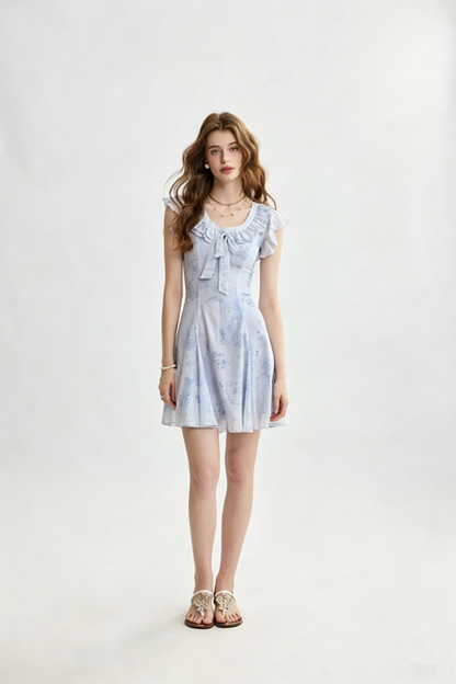 Light Blue Floral Print Mini Dress Women With Ruffle Trim And Bow Detail R9468