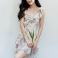 Pink And Purple Floral Print Chiffon Cami Dress Women With Lace Ruffle Trim R9423