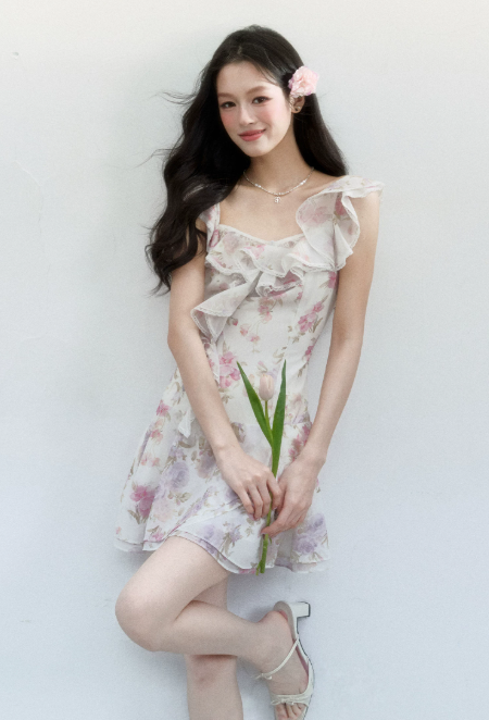 Pink And Purple Floral Print Chiffon Cami Dress Women With Lace Ruffle Trim R9423