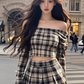 Large size French pure desire retro one shoulder short top skirt plaid suit R1841
