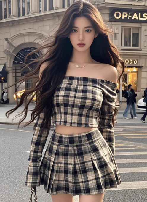 Large size French pure desire retro one shoulder short top skirt plaid suit R1841