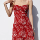 French retro girl red bottom floral dress waist slim ruffled suspender dress R2819
