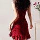 French retro wine red floral sling dress mesh hip skirt R2854