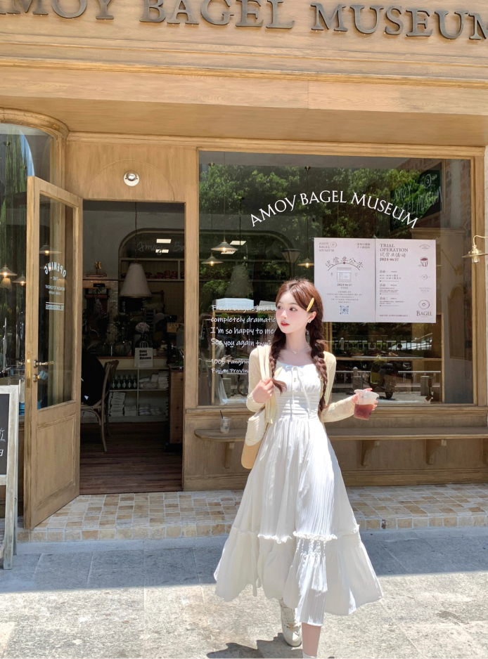 French style white sling long skirt for women summer temperament waist dress R3830