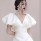 French retro white jacquard puff sleeves V-neck slim banquet party evening dress skirt homecoming dress R2976