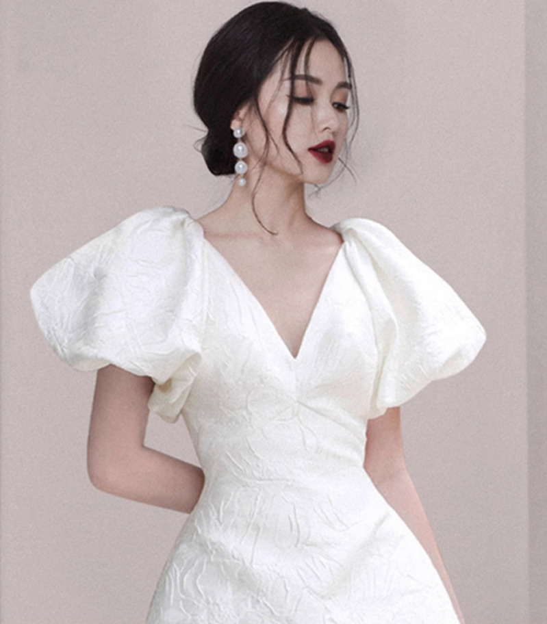 French retro white jacquard puff sleeves V-neck slim banquet party evening dress skirt homecoming dress R2976