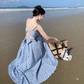 Blue and white plaid backless camisole new high waist swing skirt suit two piece set R0199