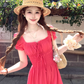 Red long square-neck cinched waist A-line dress, a French retro style dress for women's summer R4786