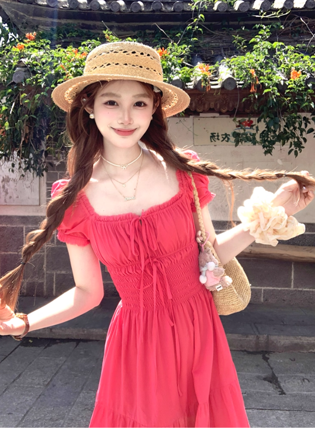 Red long square-neck cinched waist A-line dress, a French retro style dress for women's summer R4786