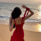 Red suspender dress high-grade irregular chiffon red rose ruffle seaside holiday dress R1470