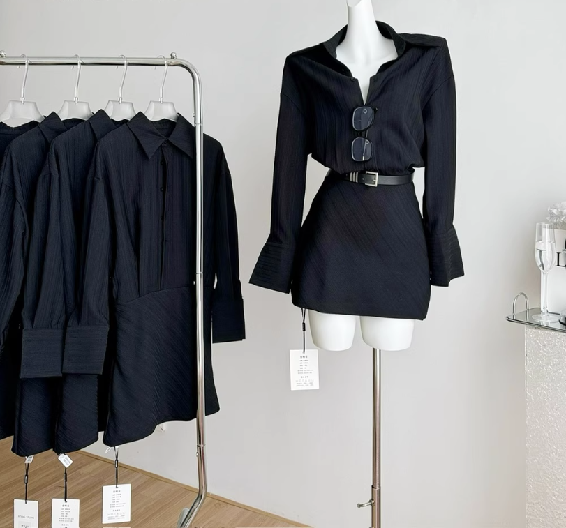 Shirt dress long sleeves new style waist black shirt dress R2103