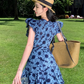Heavy blue daisy embroidery V-neck dress sweet short skirt French waist lace A-line skirt R0184
