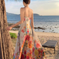 Beach long dress with flowers and floral pattern, high waist chiffon suspenders and large skirt R1628
