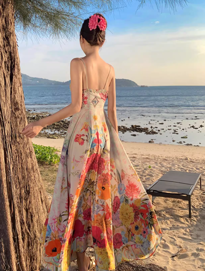 Beach long dress with flowers and floral pattern, high waist chiffon suspenders and large skirt R1628