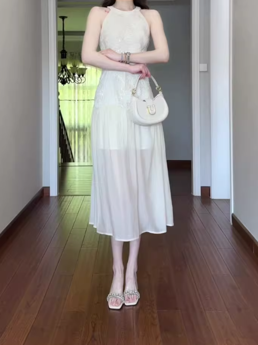 Jacquard sleeveless halter dress cool and gentle temperament waist A-line long skirt R0857