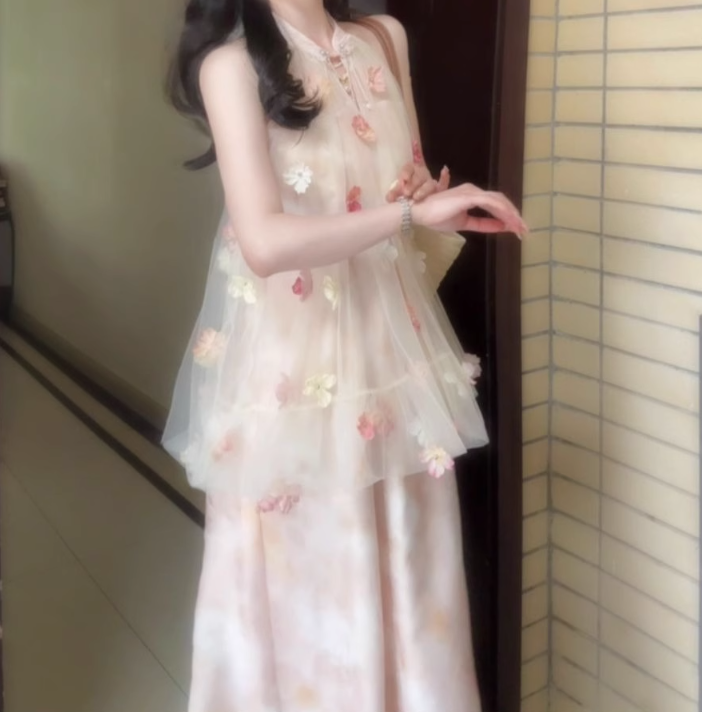 Pink buttoned mesh halter neck dress gentle temperament loose A-line long skirt R0751