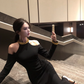 Hepburn style French black dress high-end niche temperament heavy work halter neck dress R1782