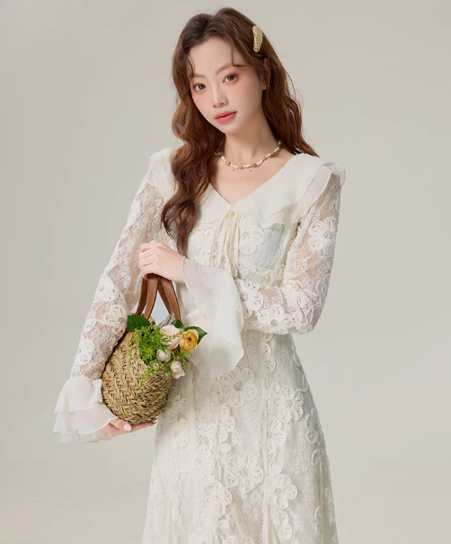 Temperament gentle style apricot long-sleeved dress super fairy fishtail skirt R1914