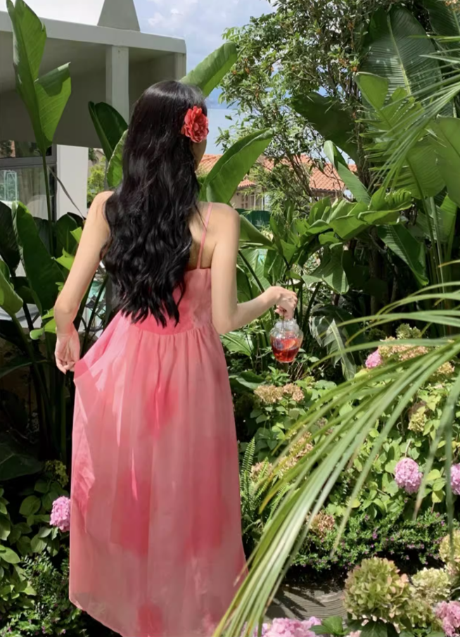 Travel wear vacation French pink white slim print chiffon suspender dress a-line skirt R1627