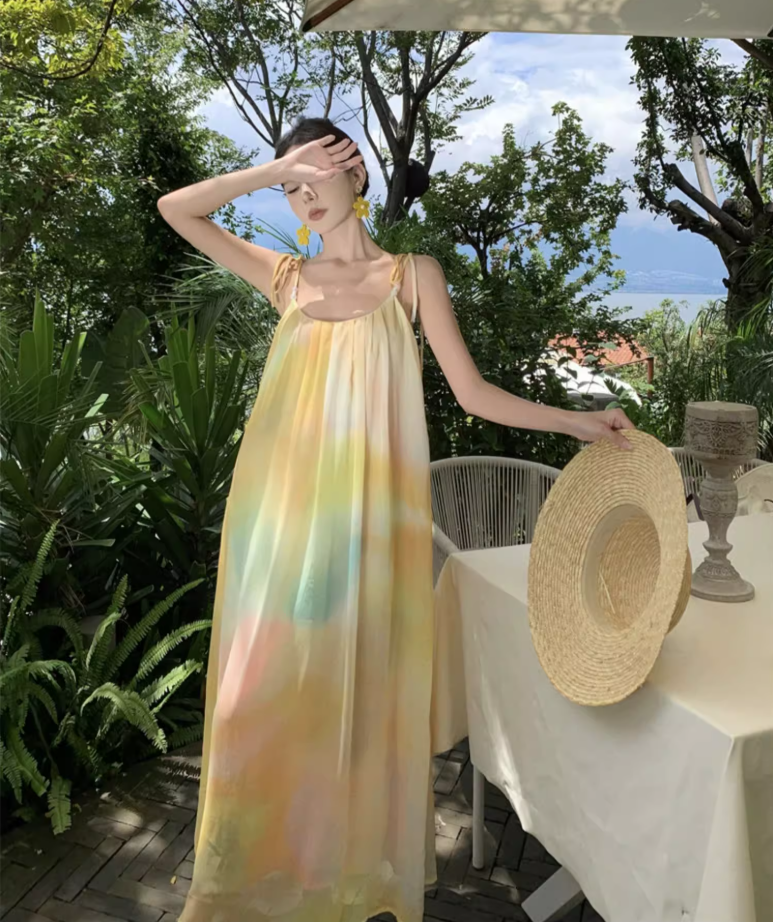 Beach vacation yellow gradient lazy style loose sling gentle style temperament dress R1630