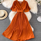 2025 new V-neck short-sleeved dress slim fit temperament waist tie big swing pleated long skirt R0345