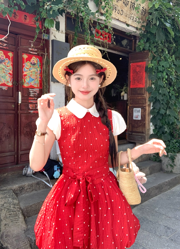 Red doll collar polka dot short-sleeved dress women's summer temperament skirt R4620