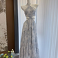 Blue Rose Print Handmade Braided Rope Waist-baring Sexy Temperament Long Dress R1997