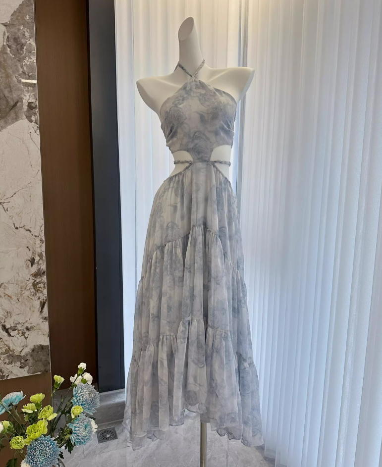 Blue Rose Print Handmade Braided Rope Waist-baring Sexy Temperament Long Dress R1997