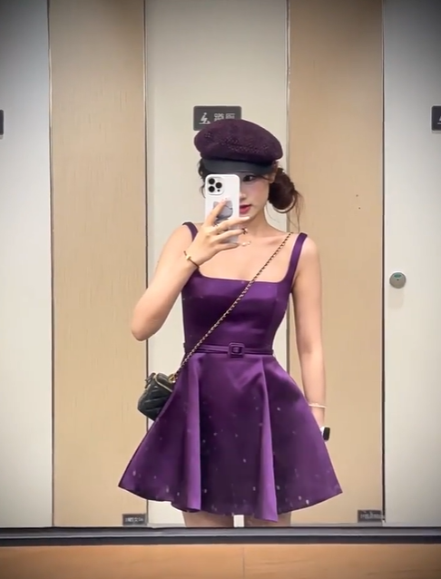 Large size French pure desire section high-end sling dress waist purple dress skirt R1885