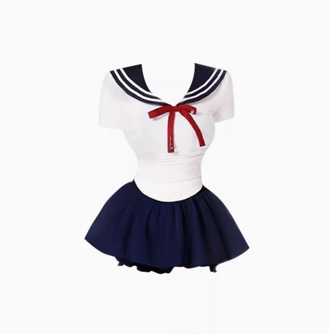 College style navy collar short slim fit top 2025 sweet and spicy puffy skirt suit R1051