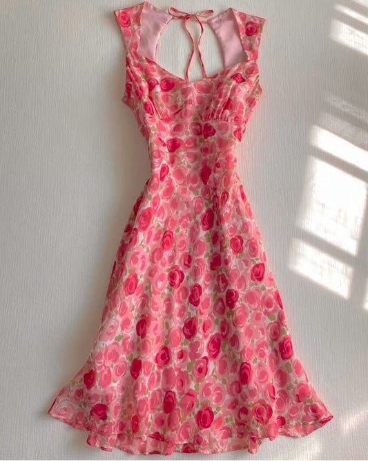 Pink floral waist slim A-line short skirt homecoming dress R3202