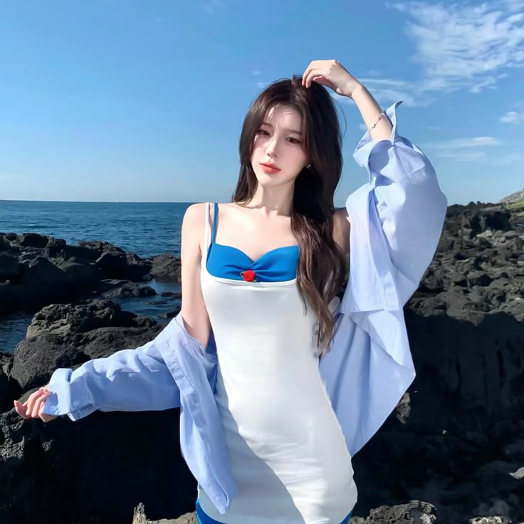 White suspenders, blue tube top, slim waist, hip skirt, homecoming dress R3774