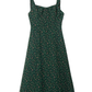 2025 Summer New Green Retro Platycodon Floral Waist Long Suspender Dress R0915