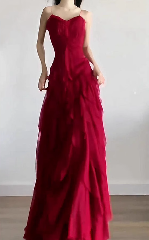 French style beautiful red sling bottom dress high-end slim fit princess dress R1654