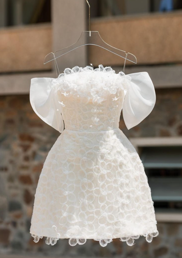 White suspender one-shoulder three-dimensional flower gentle and cute princess dress homecoming dress R2554