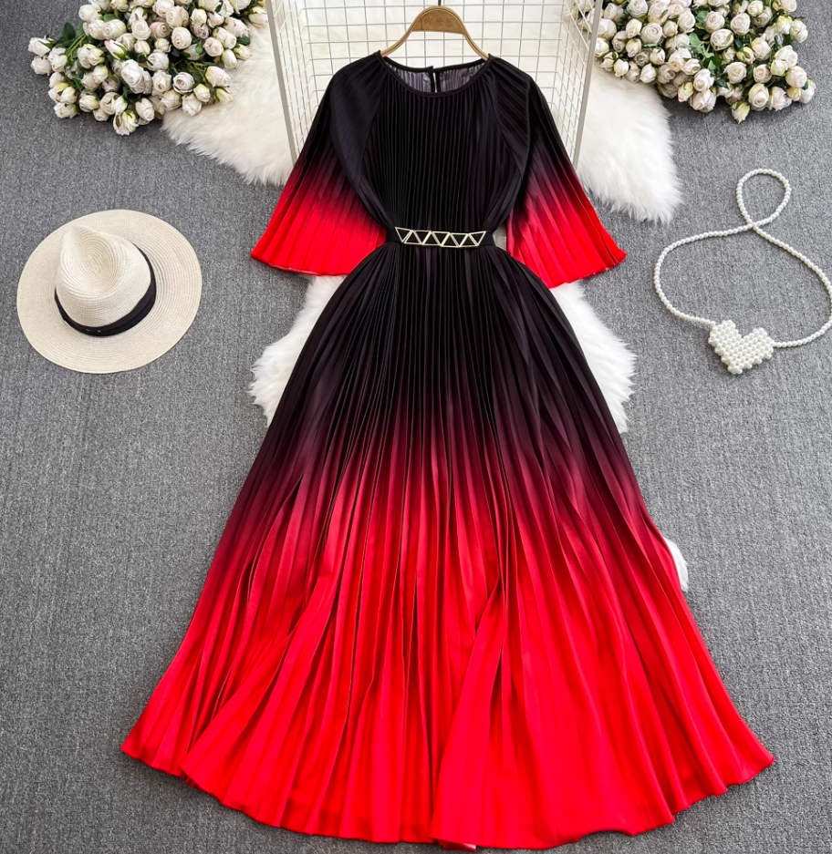 Light mature style celebrity temperament waist slimming A-line large swing printed pleated dress R0307