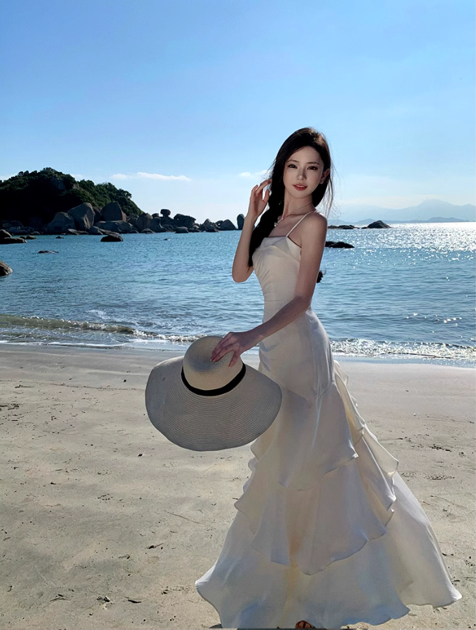 Fairy high-class temperament mermaid Ji streamer suspender skirt dress dress one shoulder dress R1715