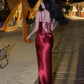 Retro suspenders red acetate swing collar hip-wrapped backless slim holiday inner skirt R1432