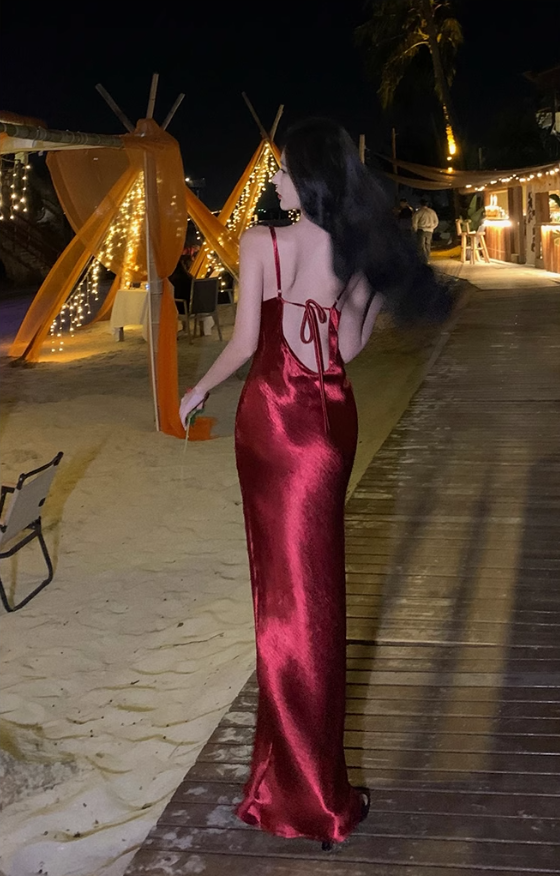 Retro suspenders red acetate swing collar hip-wrapped backless slim holiday inner skirt R1432