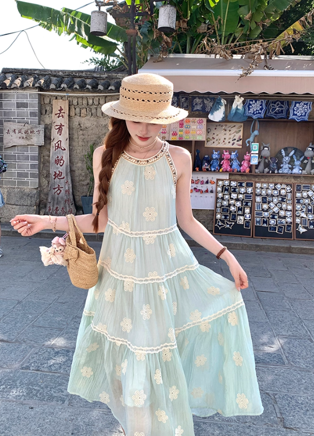 Green long sleeveless suspender dress women's summer French temperament A-line skirt R4865