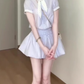Gentle blue striped short-sleeved dress with elegant waist A-line short skirt R0818