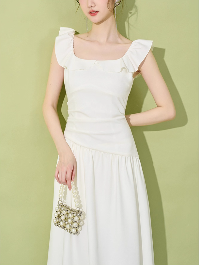 Niche design dress for women in summer French temperament waist high-end mid-length white skirt R4254