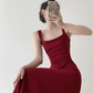 Retro red square neck suspender dress temperament waist banquet engagement A-line dress R1427