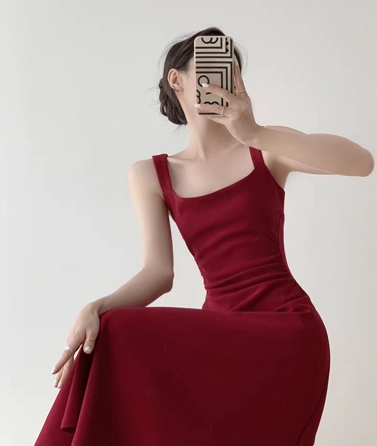 Retro red square neck suspender dress temperament waist banquet engagement A-line dress R1427