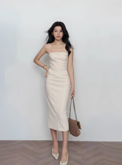One-shoulder suspender skirt slim fit pleated long and short style high-end hip-wrapped niche skirt R1548
